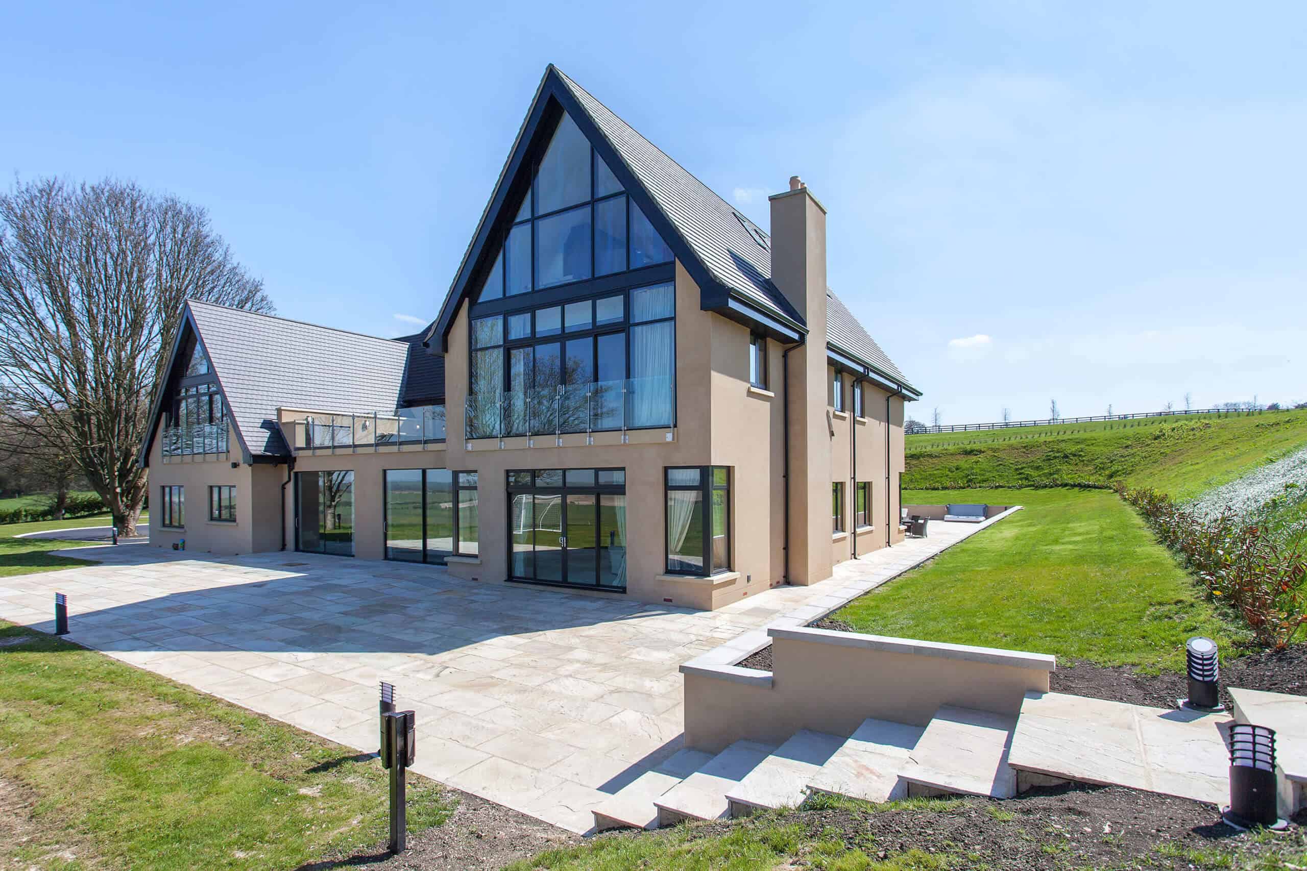 Architectural design features at the exterior of Lambourn Woodlands property